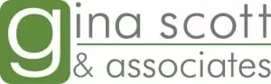 Logo for gina scott & associates written in green and grey text.
