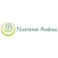 Logo with green text "Nutrition Andrea" accompanied by a swirl comprised of different shades of green to the left of the text.