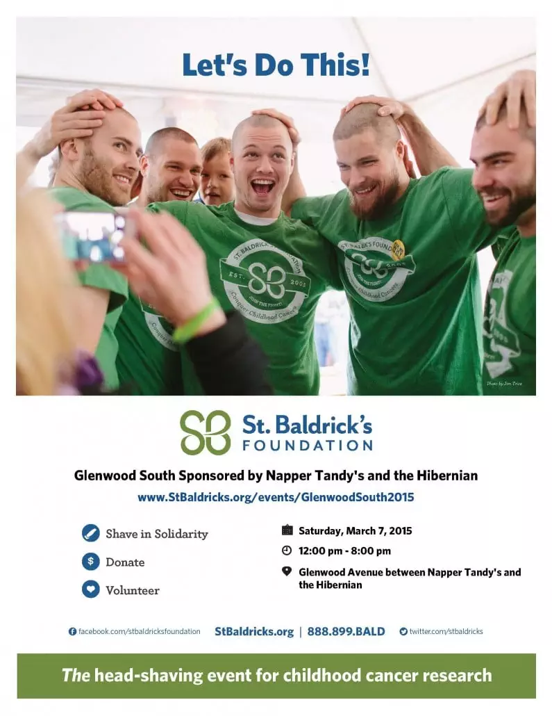 Picture of a group of guys with recently shaved heads and green St. Baldrick's shirts.