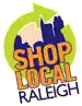 Logo of Shop Local Raleigh with orange text, purple Downtown Raleigh skyline and bright yellow/green arrow circling the logo.